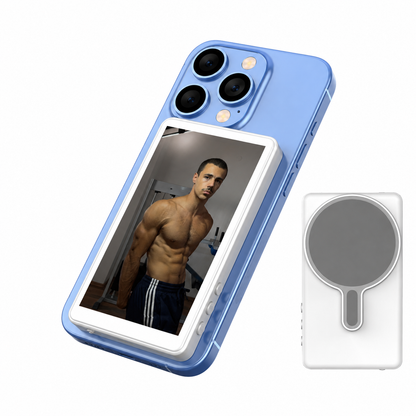 PosingScreen magnetic rear-camera monitor attached to an iPhone, with the included MagSafe ring