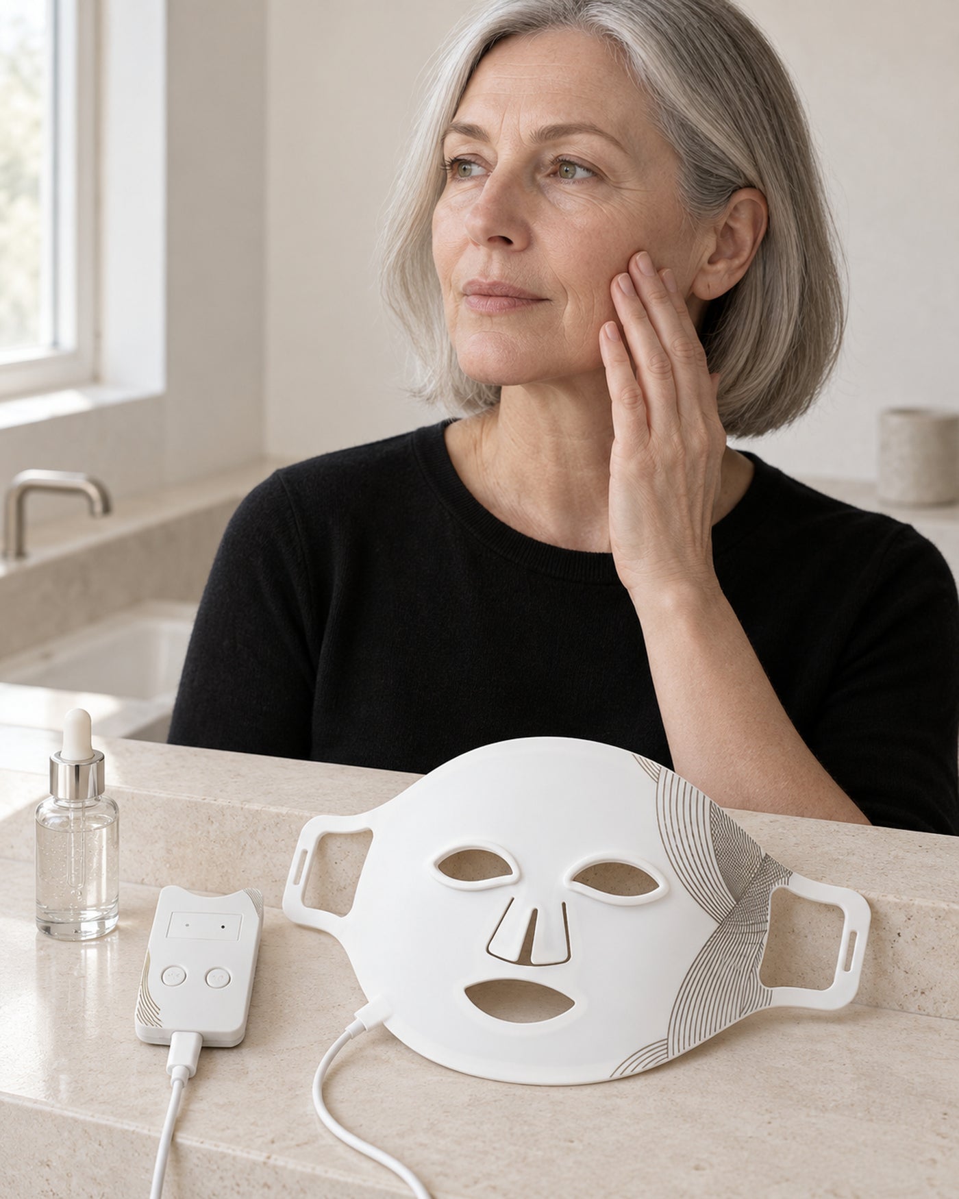 Woman beside the white LED Face Mask after an at-home skincare ritual